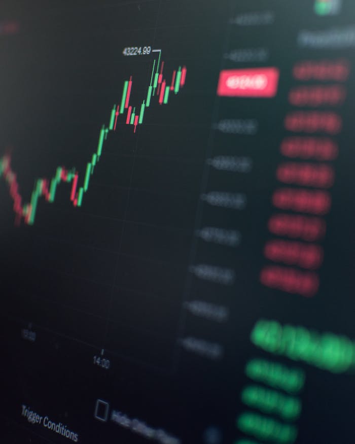 team-01 Close-up of a fluctuating cryptocurrency market chart showing stock prices on a digital screen.